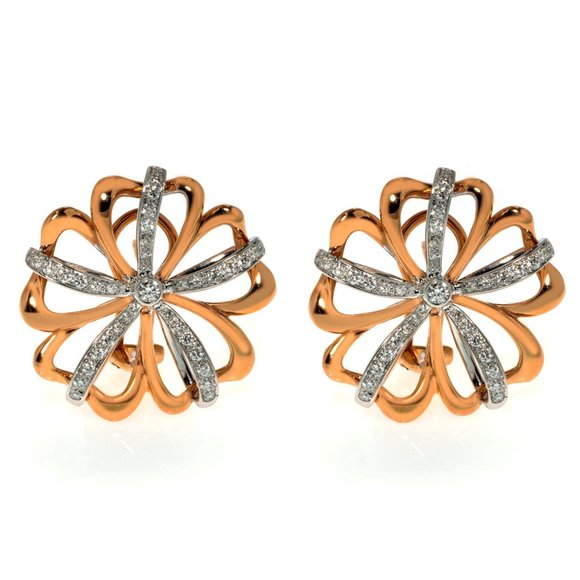 Luca Carati Two Tone Diamond Flower Earrings 18K Rose & White Gold 0.78Cttw - Picture 3 of 3